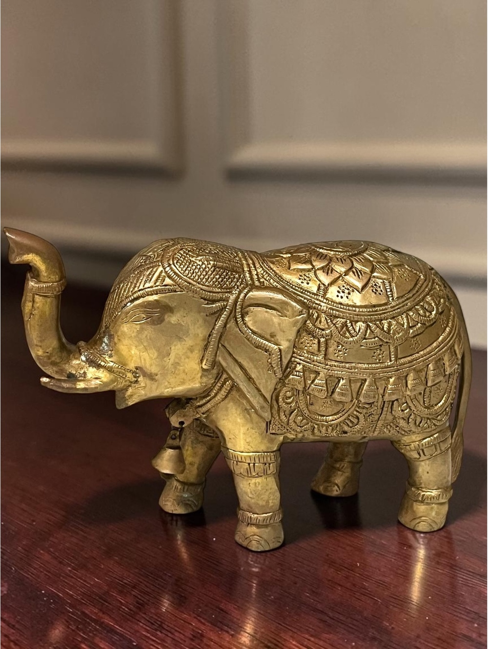 Vintage Solid Brass Elephant Figurine Ornate Lotus Raised Trunk Heavy Decor